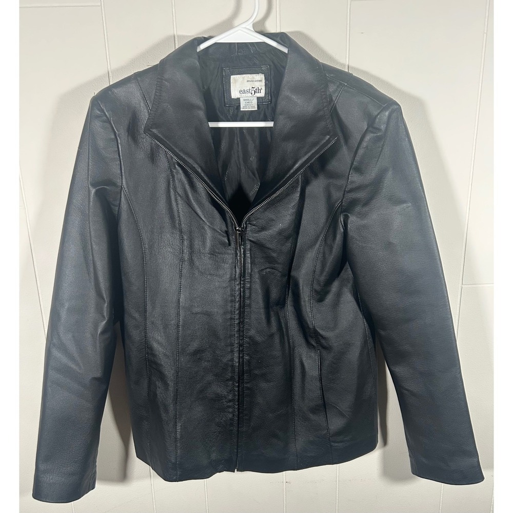 East 5th Womens Black Genuine Leather Full Zip Jacket Notch Collar Small 733832